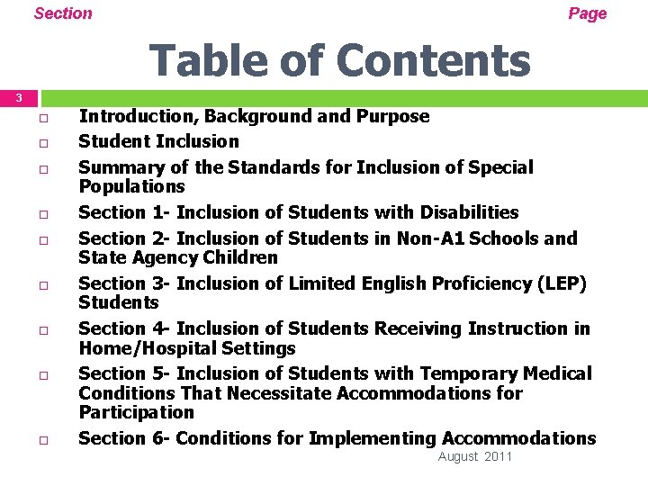 Section Page Table of Contents 3 Introduction, Background and Purpose Student Inclusion Summary of