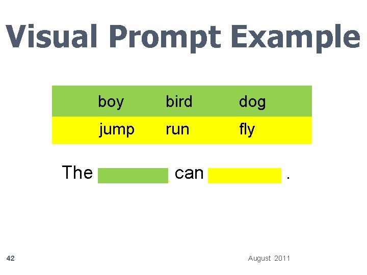 Visual Prompt Example boy bird dog jump run fly The _______ can _______. 42