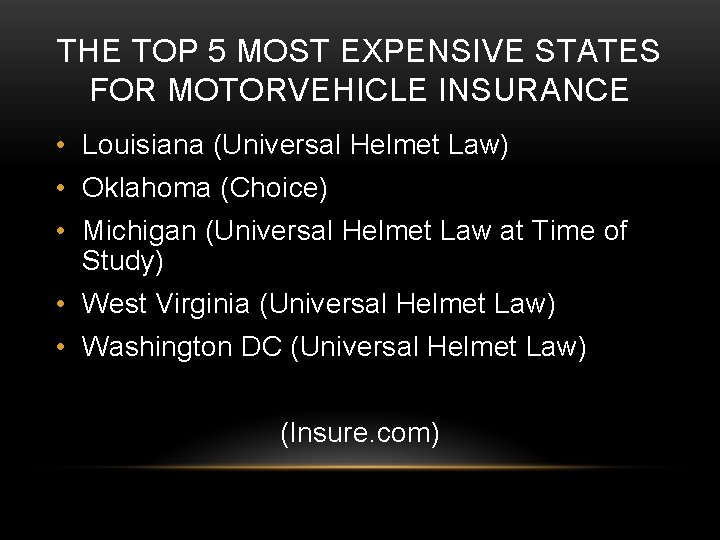 THE TOP 5 MOST EXPENSIVE STATES FOR MOTORVEHICLE INSURANCE • Louisiana (Universal Helmet Law)