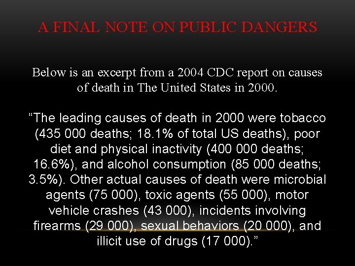 A FINAL NOTE ON PUBLIC DANGERS Below is an excerpt from a 2004 CDC