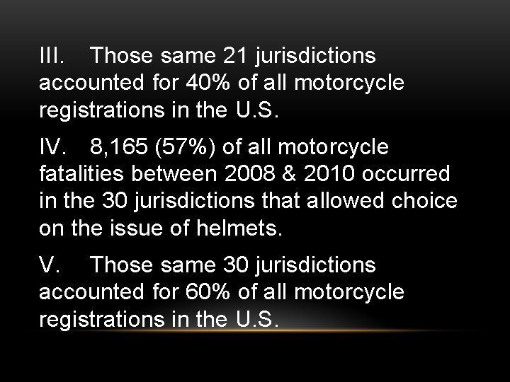 III. Those same 21 jurisdictions accounted for 40% of all motorcycle registrations in the