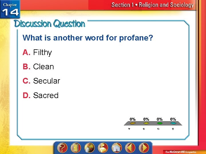 What is another word for profane? A. Filthy B. Clean C. Secular D. Sacred