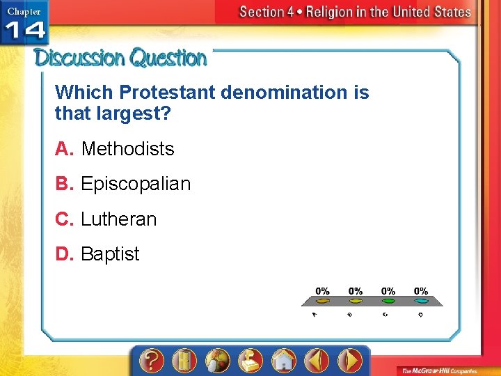 Which Protestant denomination is that largest? A. Methodists B. Episcopalian C. Lutheran D. Baptist