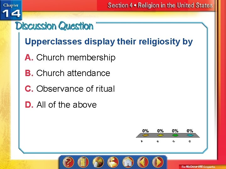 Upperclasses display their religiosity by A. Church membership B. Church attendance C. Observance of