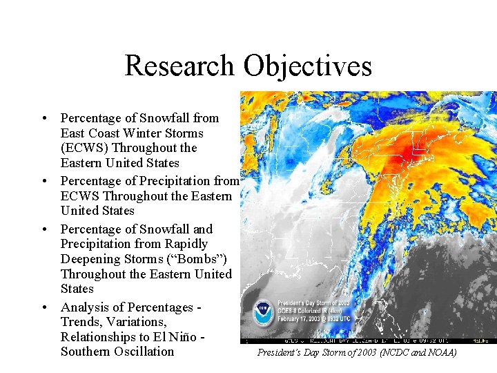 Research Objectives • Percentage of Snowfall from East Coast Winter Storms (ECWS) Throughout the