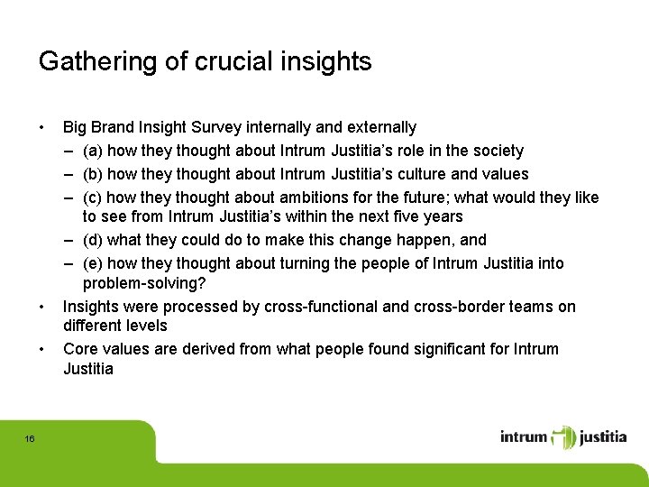 Gathering of crucial insights • • • 16 Big Brand Insight Survey internally and