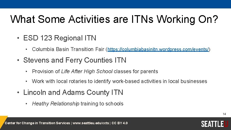 What Some Activities are ITNs Working On? • ESD 123 Regional ITN • Columbia