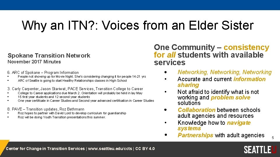 Why an ITN? : Voices from an Elder Sister Spokane Transition Network November 2017