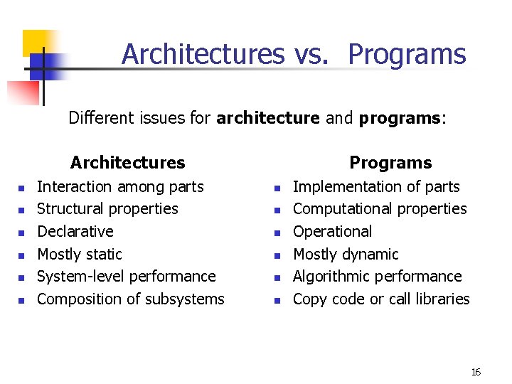 Architectures vs. Programs Different issues for architecture and programs: Architectures n n n Interaction