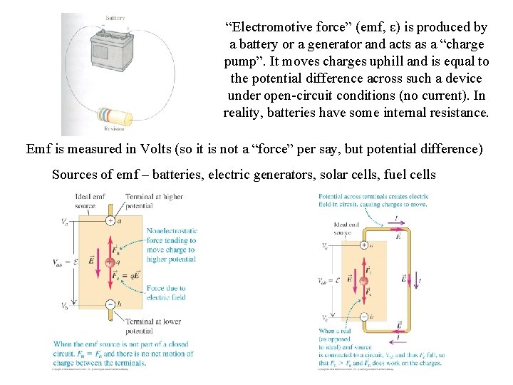 “Electromotive force” (emf, ε) is produced by a battery or a generator and acts