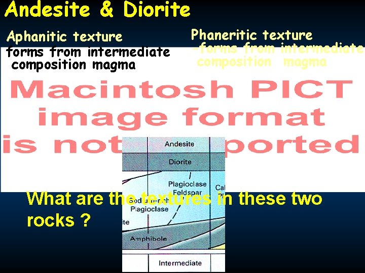 Andesite & Diorite Aphanitic texture forms from intermediate composition magma Phaneritic texture -forms from