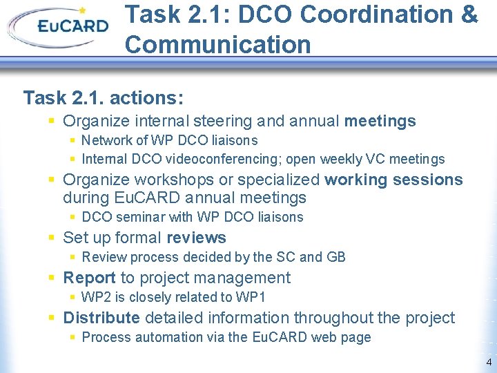 Task 2. 1: DCO Coordination & Communication Task 2. 1. actions: § Organize internal