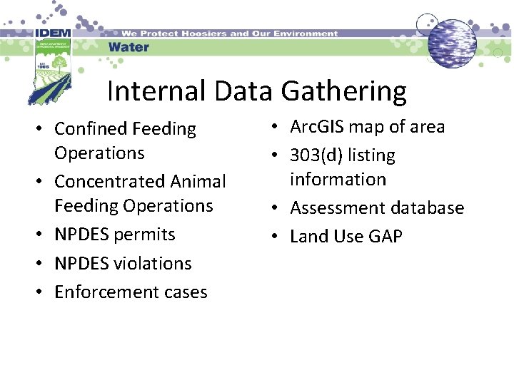 Internal Data Gathering • Confined Feeding Operations • Concentrated Animal Feeding Operations • NPDES