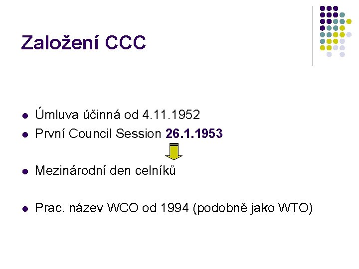 Založení CCC l Úmluva účinná od 4. 11. 1952 První Council Session 26. 1.