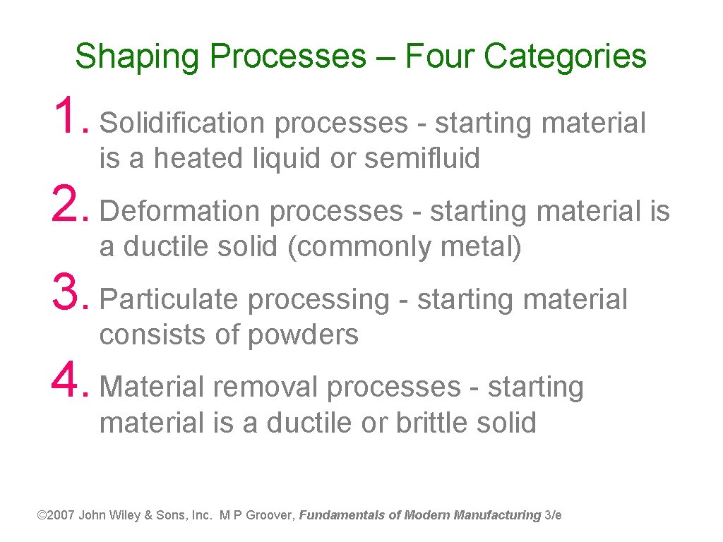 Shaping Processes – Four Categories 1. Solidification processes - starting material is a heated