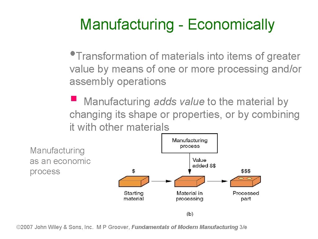 Manufacturing - Economically • Transformation of materials into items of greater value by means