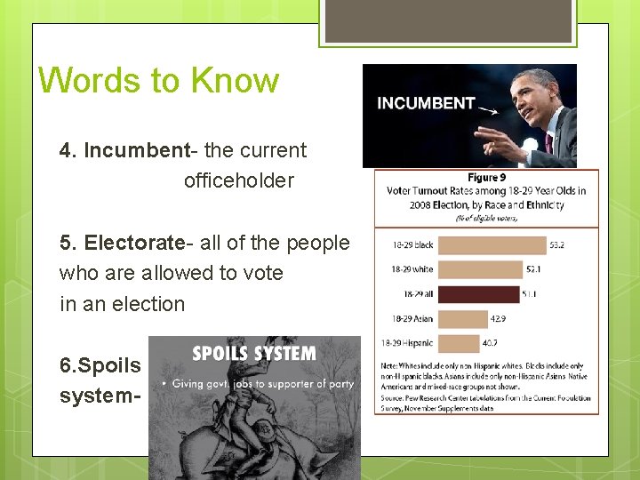 Words to Know 4. Incumbent- the current officeholder 5. Electorate- all of the people