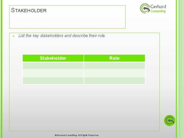 STAKEHOLDER o List the key stakeholders and describe their role. Stakeholder ©Gerhard Consulting. All