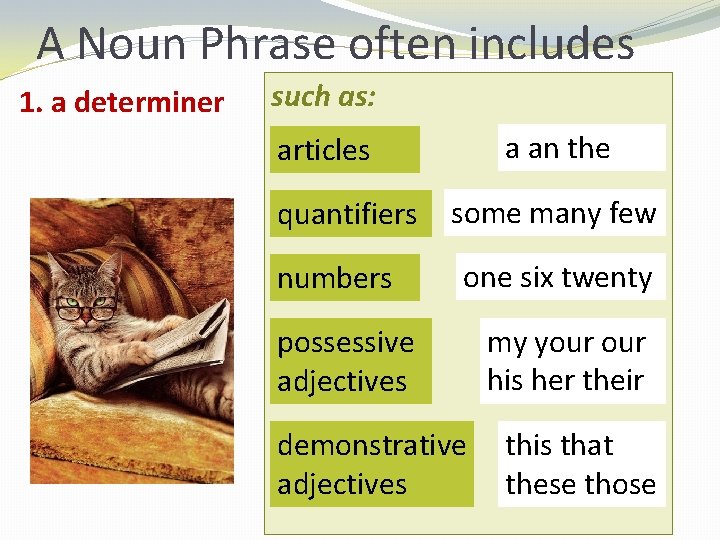 A Noun Phrase often includes 1. a determiner such as: a an the articles
