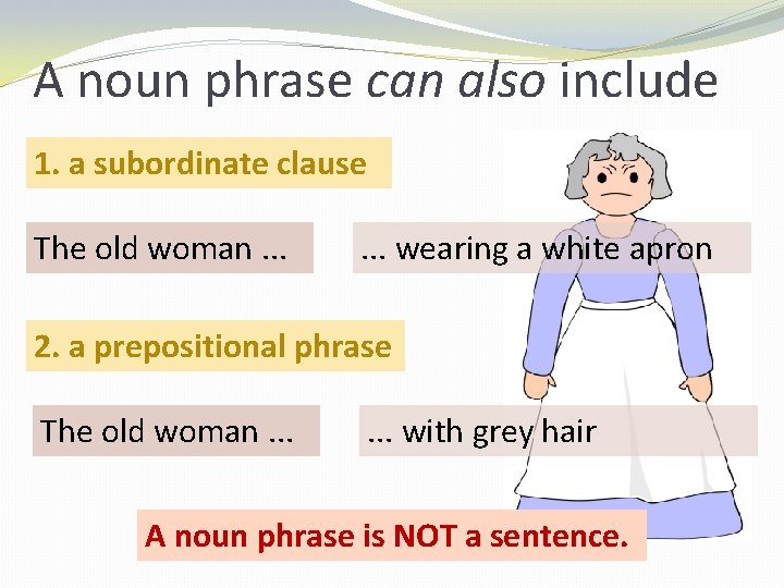 A noun phrase can also include 1. a subordinate clause The old woman. .