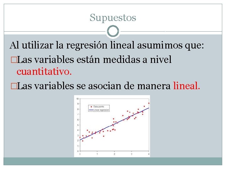 Supuestos Al utilizar la regresión lineal asumimos que: �Las variables están medidas a nivel