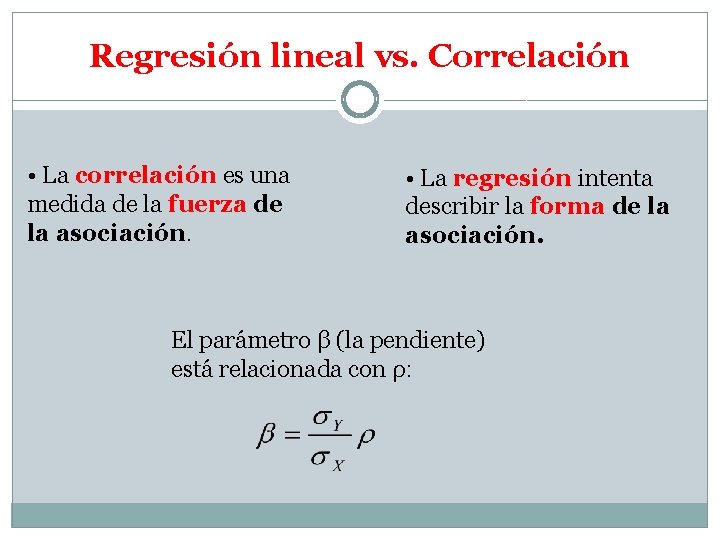 Regresión lineal vs. Correlación • La correlación es una medida de la fuerza de