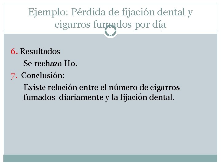Ejemplo: Pérdida de fijación dental y cigarros fumados por día 6. Resultados Se rechaza