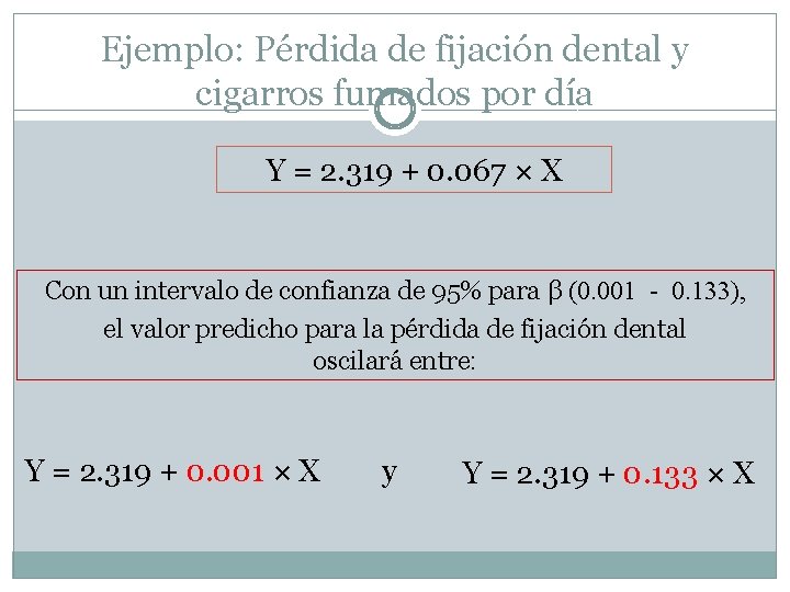 Ejemplo: Pérdida de fijación dental y cigarros fumados por día Y = 2. 319