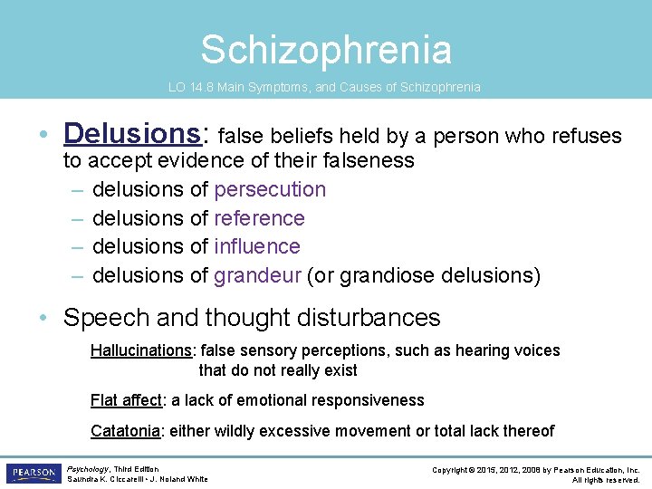 Schizophrenia LO 14. 8 Main Symptoms, and Causes of Schizophrenia • Delusions: false beliefs