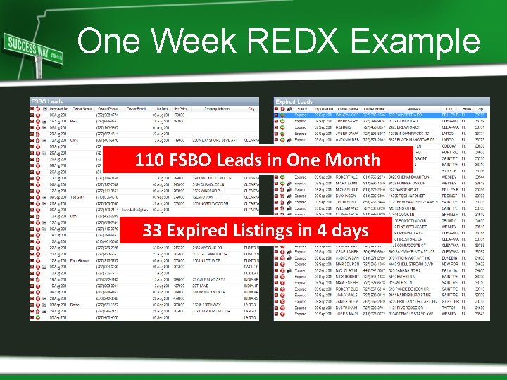 One Week REDX Example 110 FSBO Leads in One Month 33 Expired Listings in