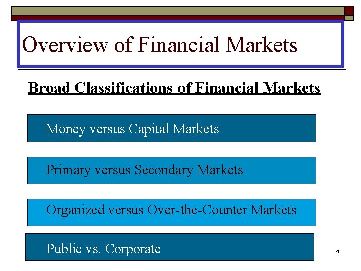 Overview of Financial Markets Broad Classifications of Financial Markets Money versus Capital Markets Primary