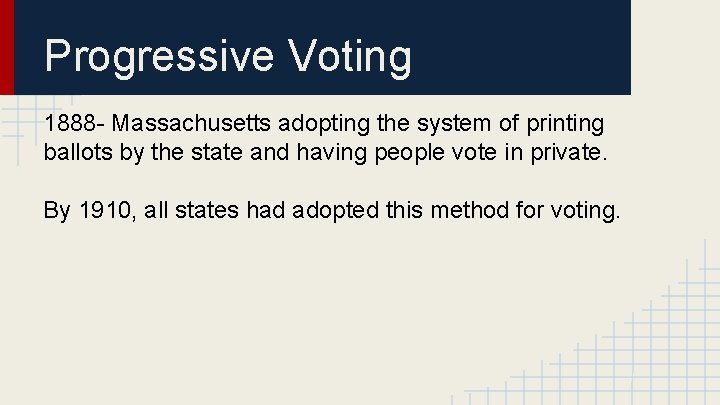Progressive Voting 1888 - Massachusetts adopting the system of printing ballots by the state