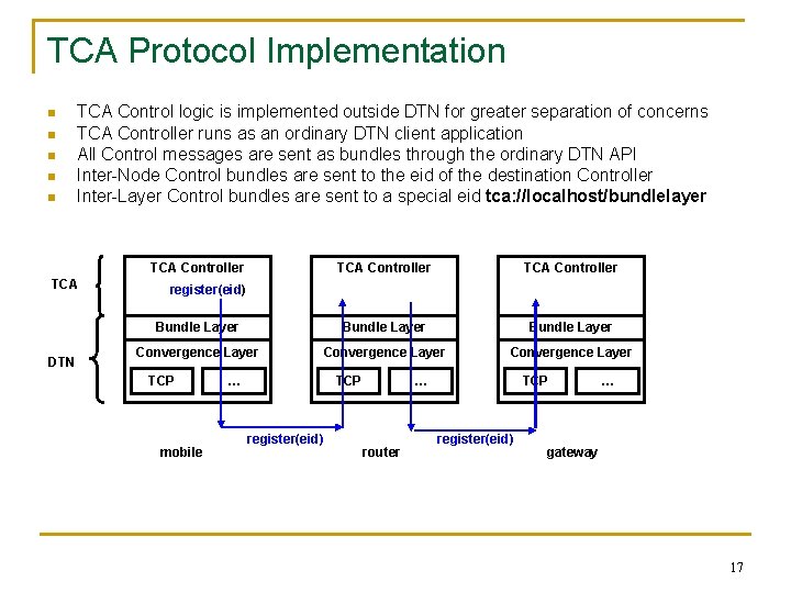 TCA Protocol Implementation n n TCA Control logic is implemented outside DTN for greater