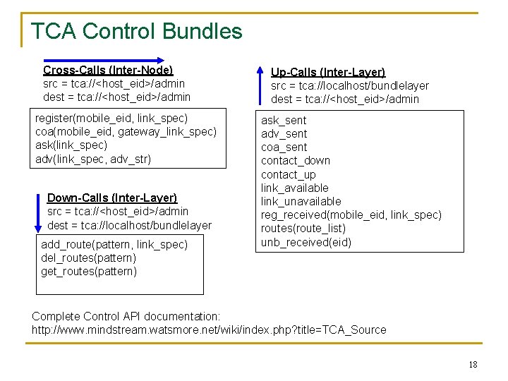 TCA Control Bundles Cross-Calls (Inter-Node) src = tca: //<host_eid>/admin dest = tca: //<host_eid>/admin register(mobile_eid,