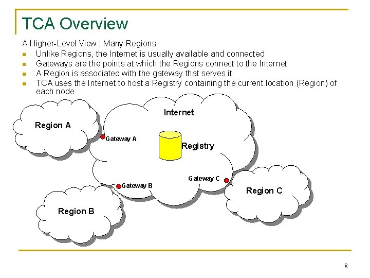 TCA Overview A Higher-Level View : Many Regions n Unlike Regions, the Internet is