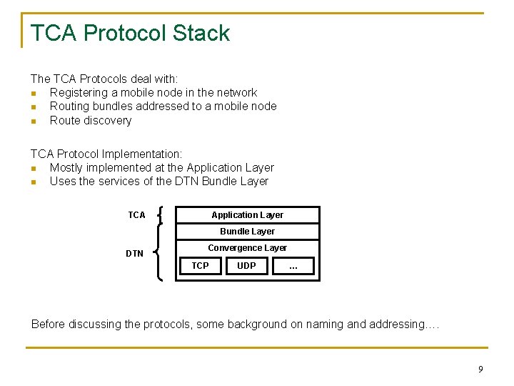 TCA Protocol Stack The TCA Protocols deal with: n Registering a mobile node in