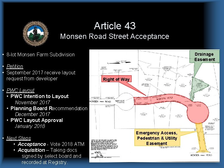 Article 43 Monsen Road Street Acceptance • 8 -lot Monsen Farm Subdivision • Petition