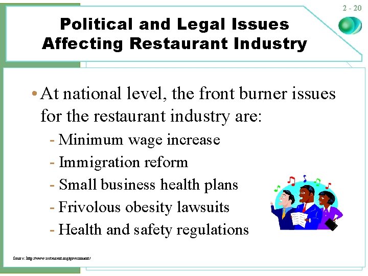 Political and Legal Issues Affecting Restaurant Industry • At national level, the front burner