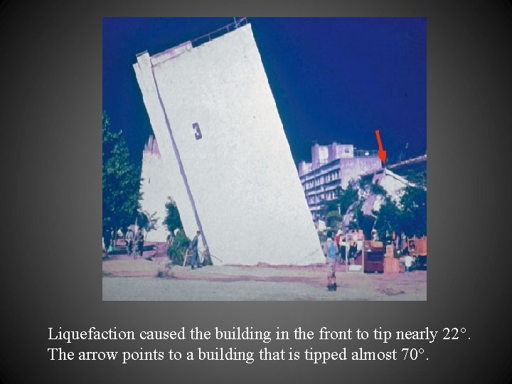 Liquefaction caused the building in the front to tip nearly 22°. The arrow points