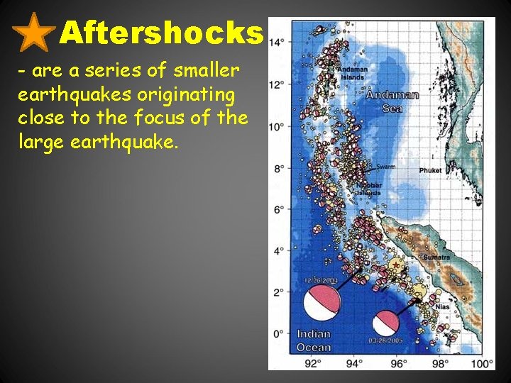 Aftershocks - are a series of smaller earthquakes originating close to the focus of