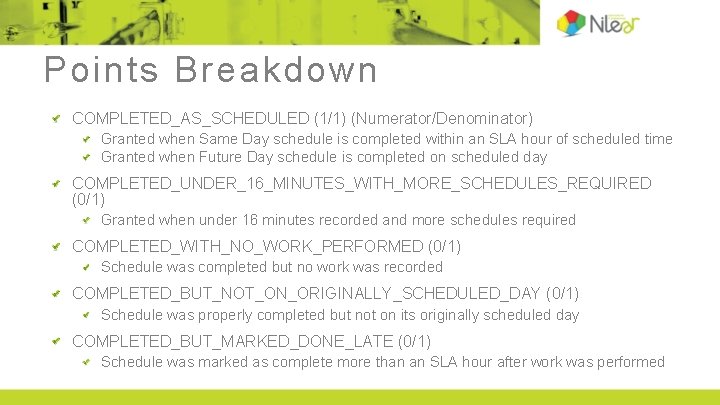 Points Breakdown COMPLETED_AS_SCHEDULED (1/1) (Numerator/Denominator) Granted when Same Day schedule is completed within an