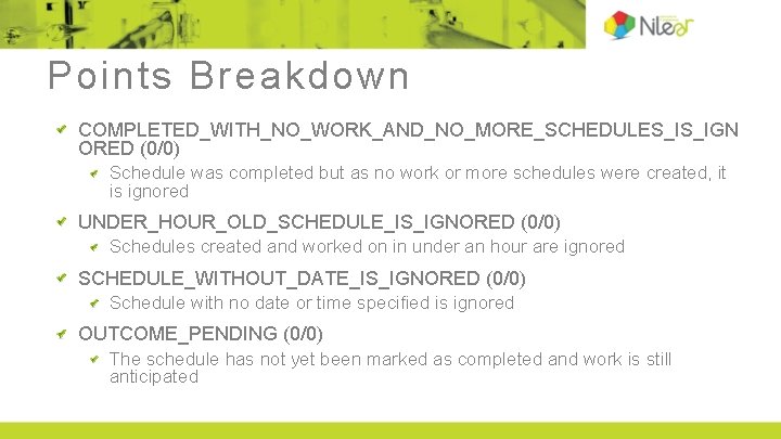 Points Breakdown COMPLETED_WITH_NO_WORK_AND_NO_MORE_SCHEDULES_IS_IGN ORED (0/0) Schedule was completed but as no work or more Points Breakdown COMPLETED_WITH_NO_WORK_AND_NO_MORE_SCHEDULES_IS_IGN ORED (0/0) Schedule was completed but as no work or more