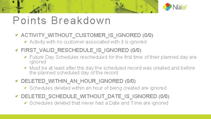 Points Breakdown ACTIVITY_WITHOUT_CUSTOMER_IS_IGNORED (0/0) Activity with no customer associated with it is ignored FIRST_VALID_RESCHEDULE_IS_IGNORED