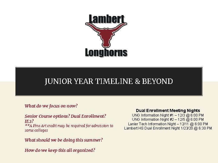 JUNIOR YEAR TIMELINE & BEYOND What do we focus on now? Senior Course options?