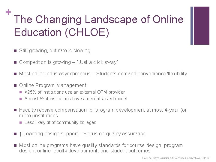 + The Changing Landscape of Online Education (CHLOE) n Still growing, but rate is