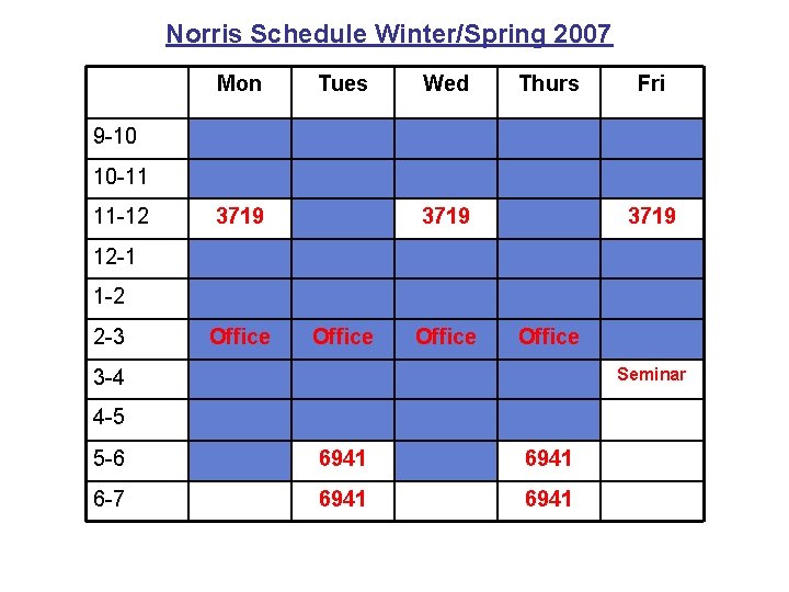 Norris Schedule Winter/Spring 2007 Mon Tues Wed Thurs Fri 9 -10 10 -11 11