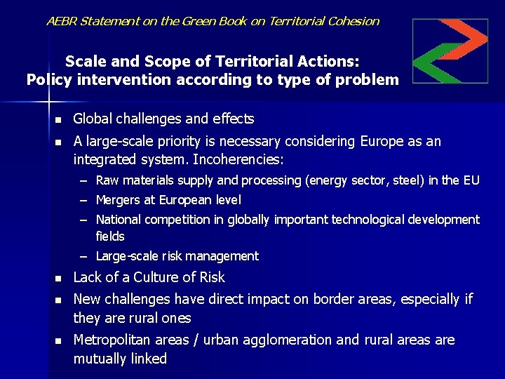 AEBR Statement on the Green Book on Territorial Cohesion Scale and Scope of Territorial