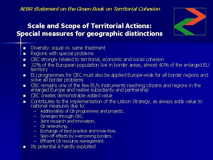 AEBR Statement on the Green Book on Territorial Cohesion Scale and Scope of Territorial