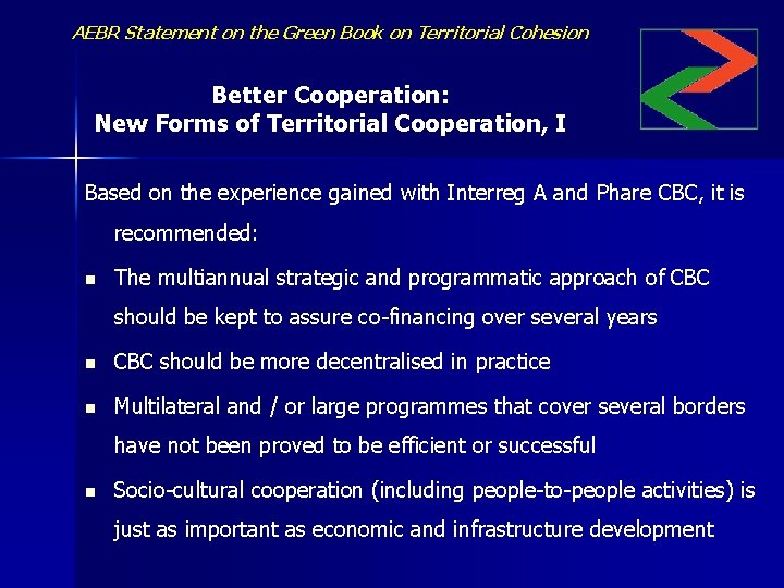 AEBR Statement on the Green Book on Territorial Cohesion Better Cooperation: New Forms of