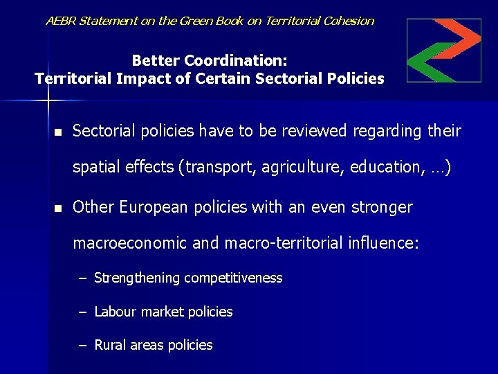 AEBR Statement on the Green Book on Territorial Cohesion Better Coordination: Territorial Impact of